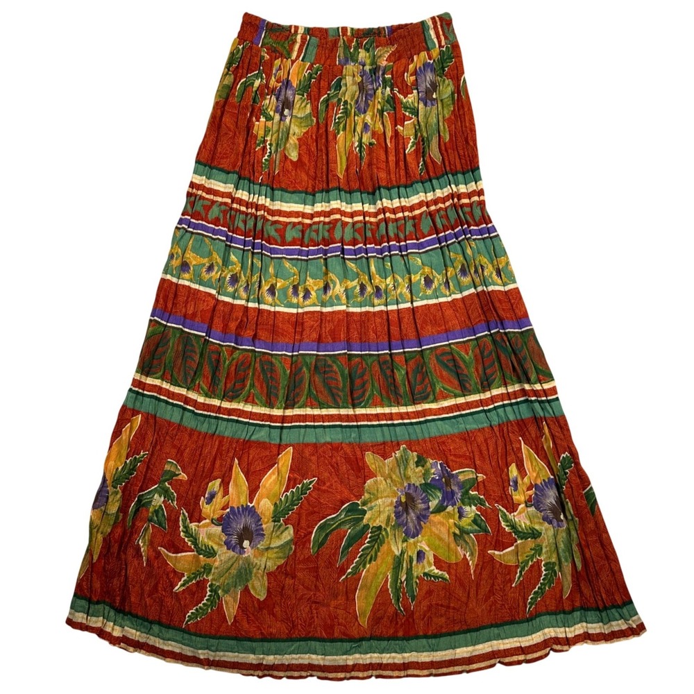 Christina James Vintage 90s Floral Broomstick Maxi Skirt Rayon Red Green Small